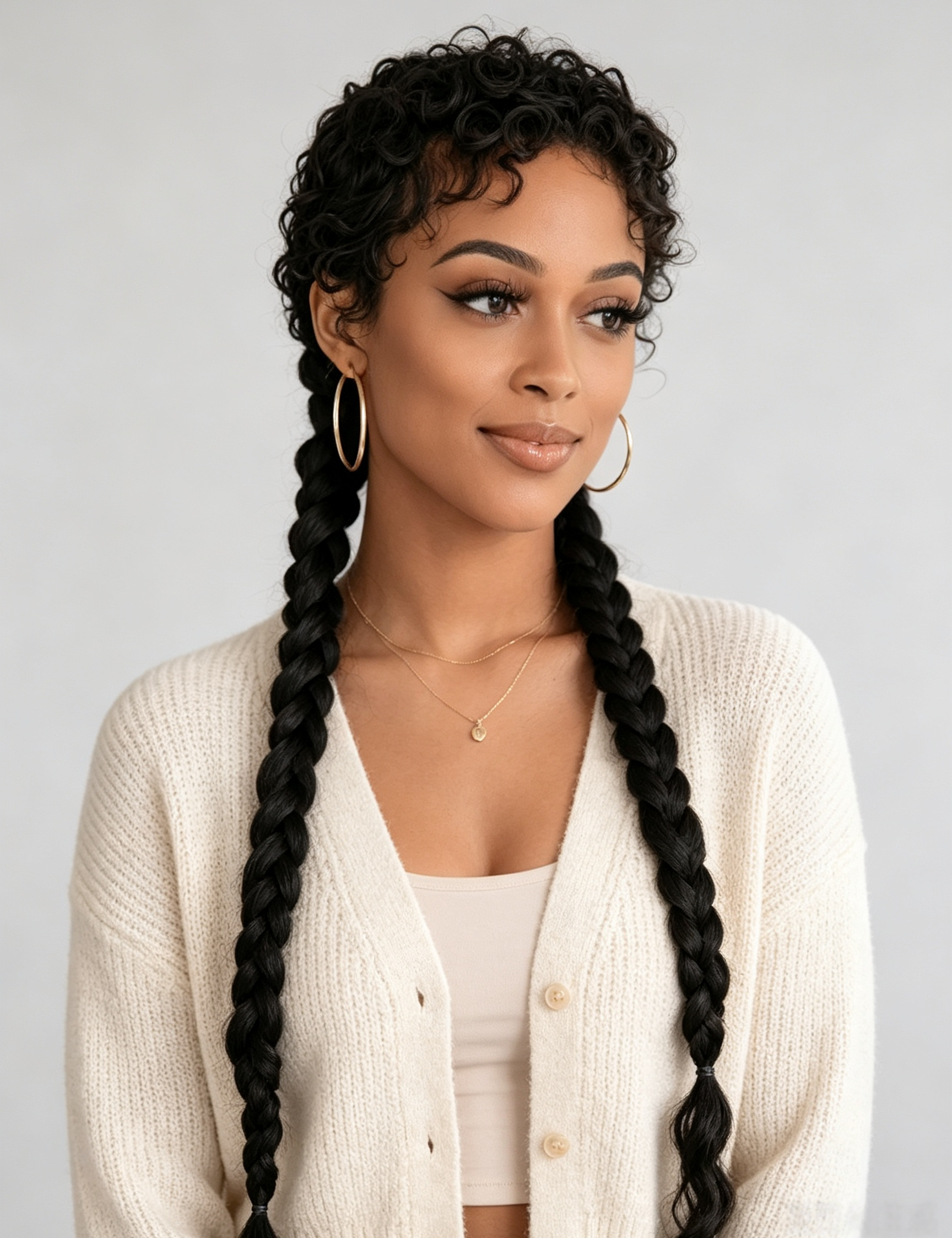A woman with long, curly black hair styled in two braids, wearing a cream-colored knit cardigan over a matching top, gold hoop earrings, and a delicate gold necklace, set against a plain light gray background.