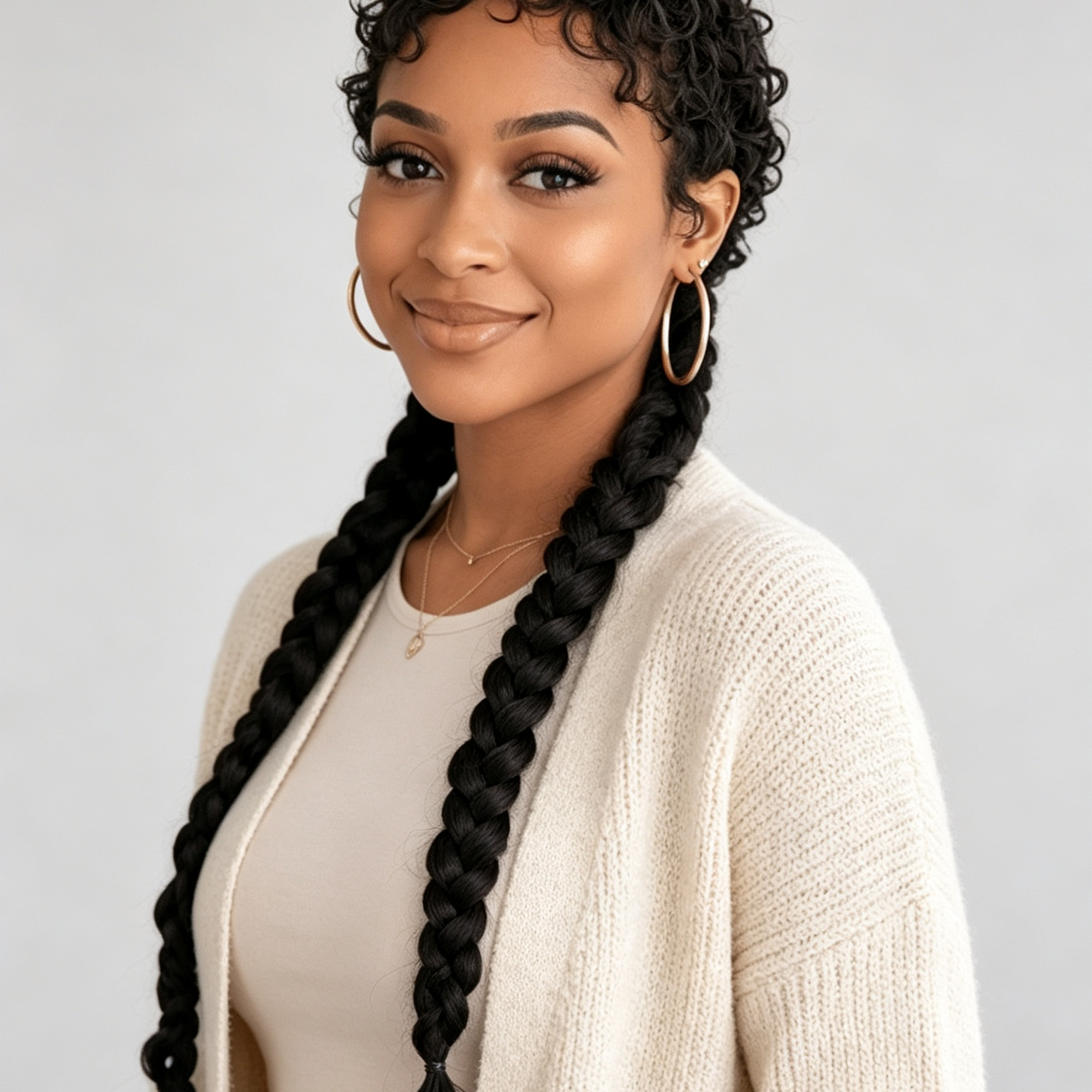 A woman with short curly black hair styled into two long braids, wearing a cream cardigan over a matching cream top, gold hoop earrings, and a delicate necklace, set against a plain light gray background.