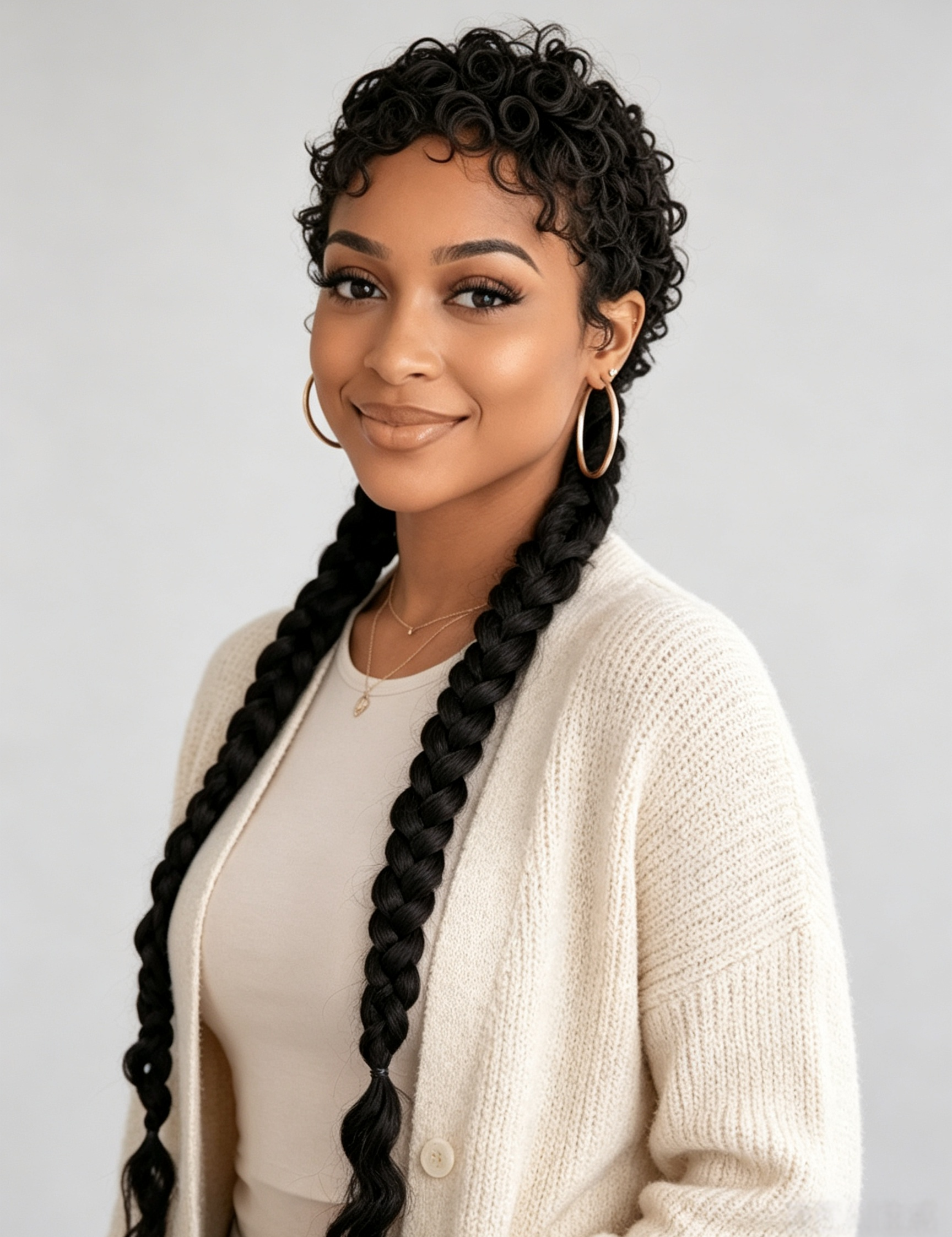 A woman with short curly black hair styled into two long braids, wearing a cream cardigan over a matching cream top, gold hoop earrings, and a delicate necklace, set against a plain light gray background.