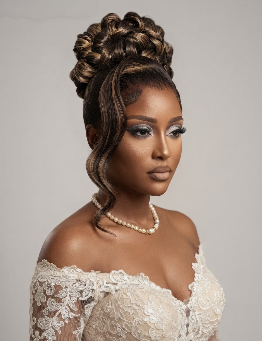 A woman with an elaborate high-bun hairstyle and wavy side hair, wearing a pearl necklace and an off-the-shoulder lace white dress, photographed against a plain light gray studio background.