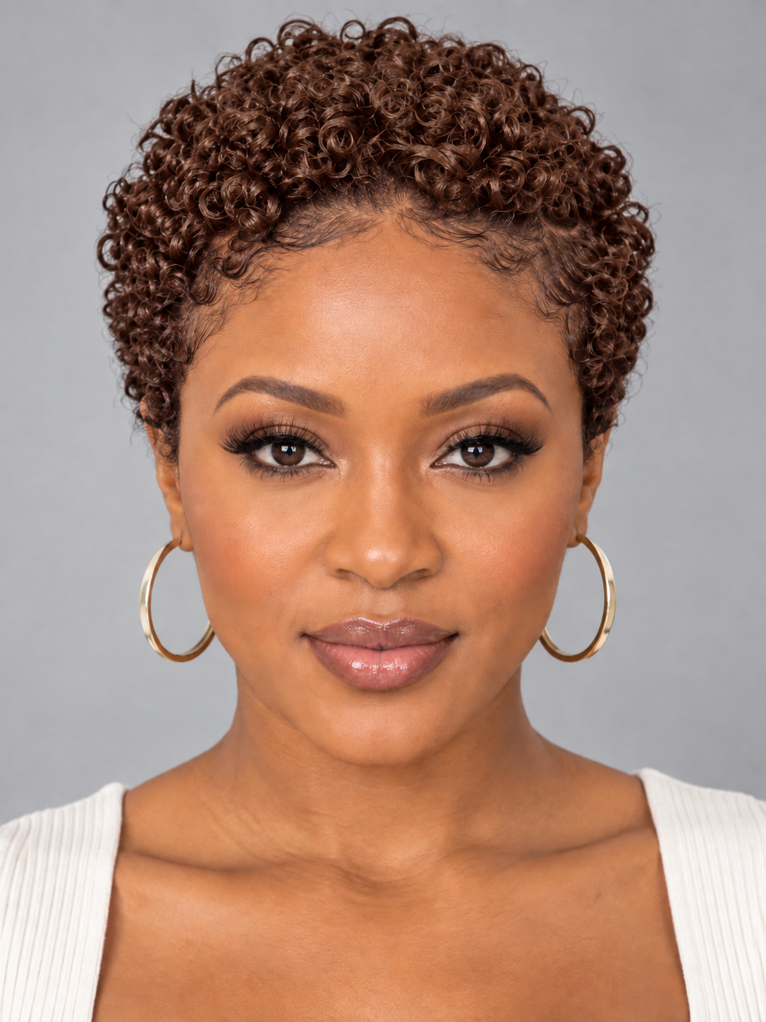 A woman with short, tightly curled brown hair wearing large gold hoop earrings and a white ribbed top, shown against a plain gray studio background.