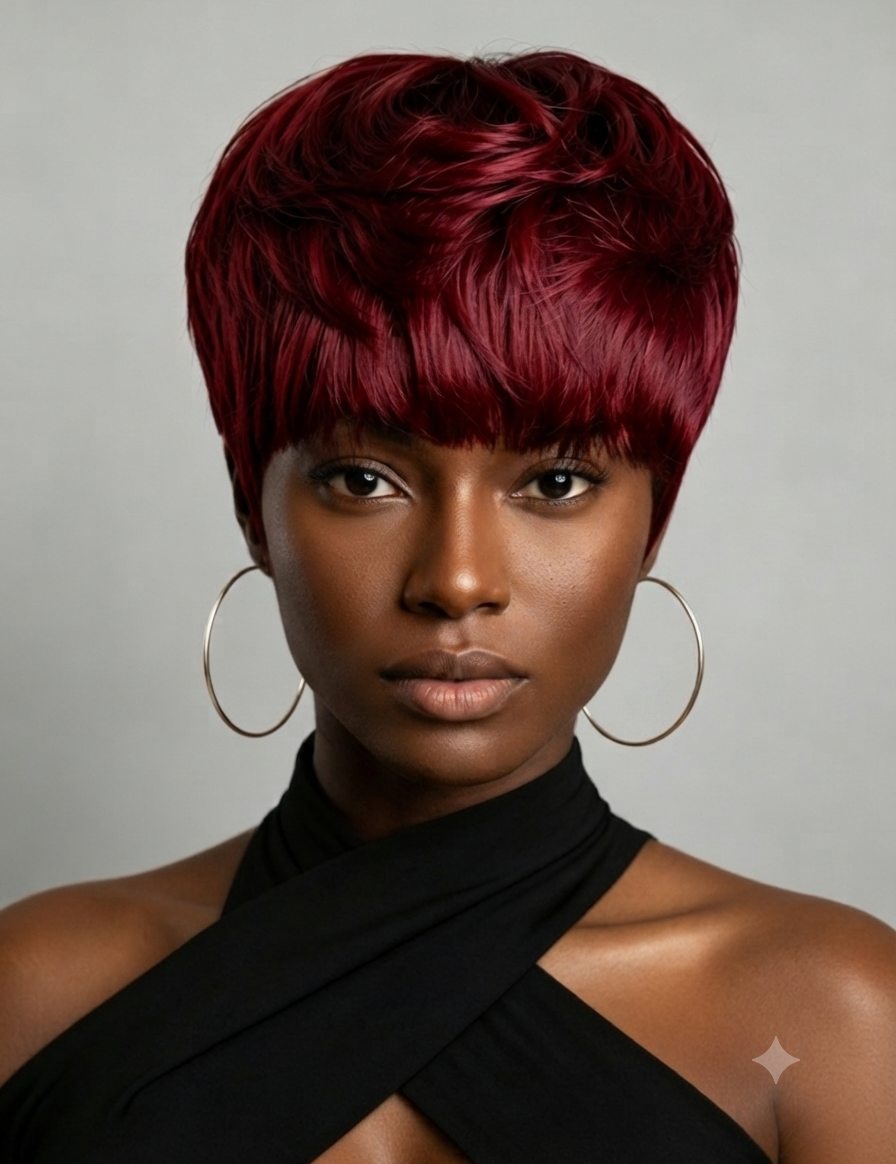 A woman with a short, layered, textured wig in deep burgundy red, styled with a side-swept fringe, wearing large gold hoop earrings and a black halter top against a neutral gray background.