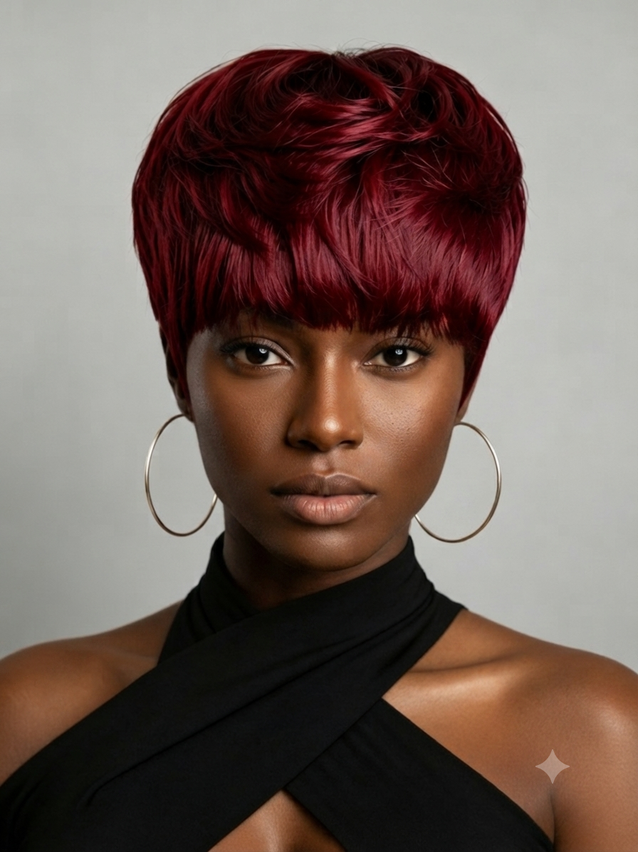 A woman with a short, layered, textured wig in deep burgundy red, styled with a side-swept fringe, wearing large gold hoop earrings and a black halter top against a neutral gray background.