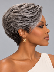 Loyalrose Salt & Pepper Pixie Short Cut Wig side part Lace closure 7*5 100% Human Hair Glueless style 4