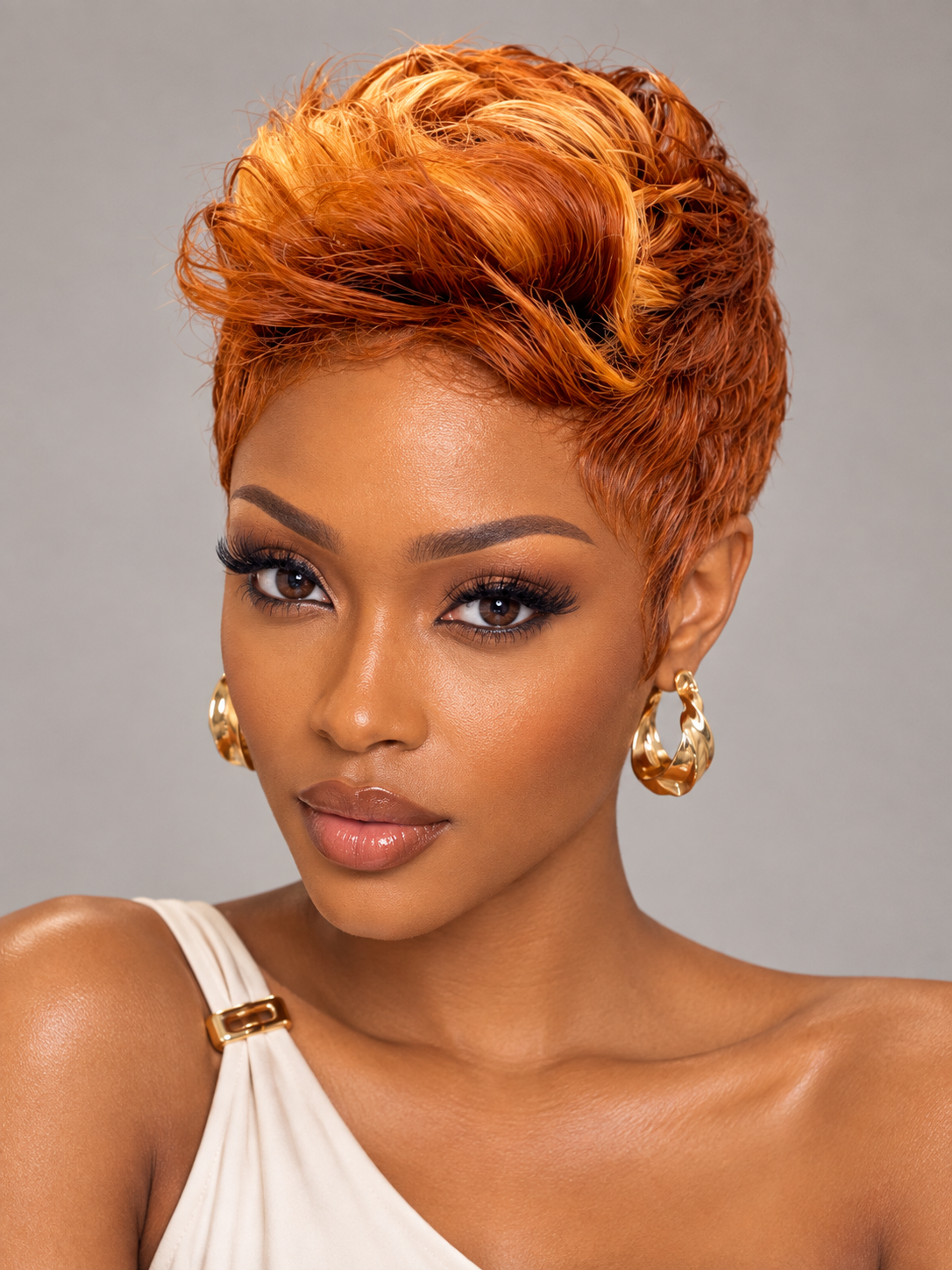 Loyalrose Pixie Wig Straight Copper mix blond color Free part Fluffy lace 13x4 Glueless 100% Human Hair