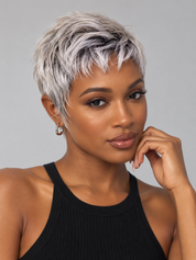 Loyalrose Pixie wig short cut Straight Salt & pepper machine made Glueless 100% Human Hair