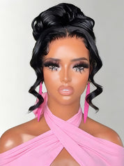 A mannequin bust wearing a voluminous black updo wig with side-swept curls and long pink dangling earrings, styled with a pink draped top against a light gray background.