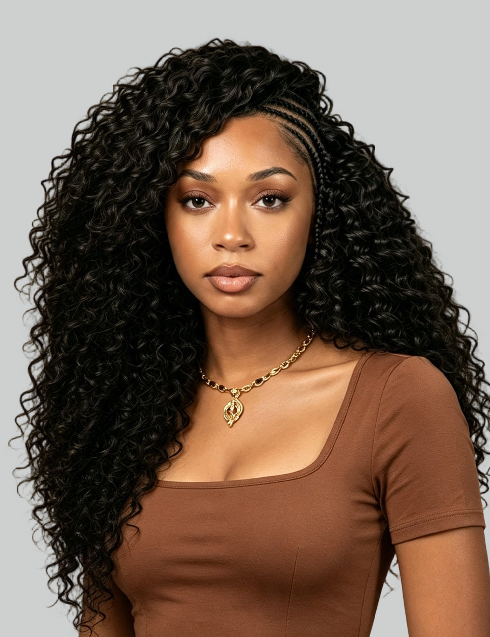 A woman with long, voluminous, black curly hair wearing a brown scoop-neck top and a gold necklace, shown against a solid gray background.