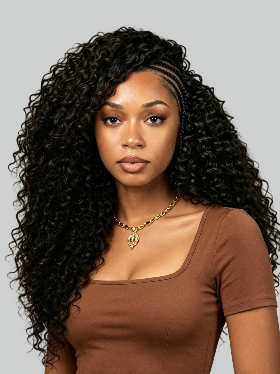 A woman with long, voluminous, black curly hair wearing a brown scoop-neck top and a gold necklace, shown against a solid gray background.