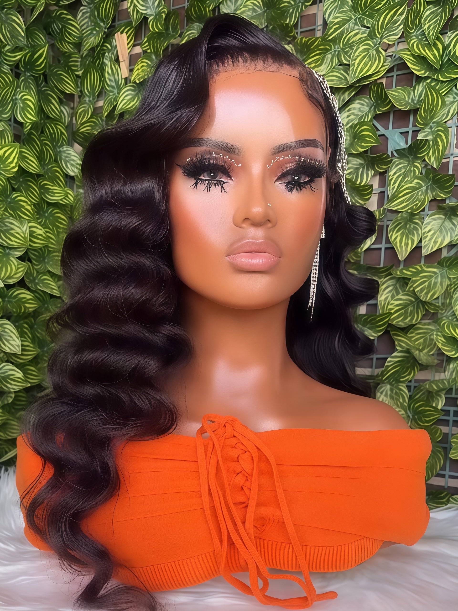 A mannequin bust wearing a long, dark brown to black deep wave wig with side parting and curled ends, styled with a bright orange off-the-shoulder top against a green leafy wall background.