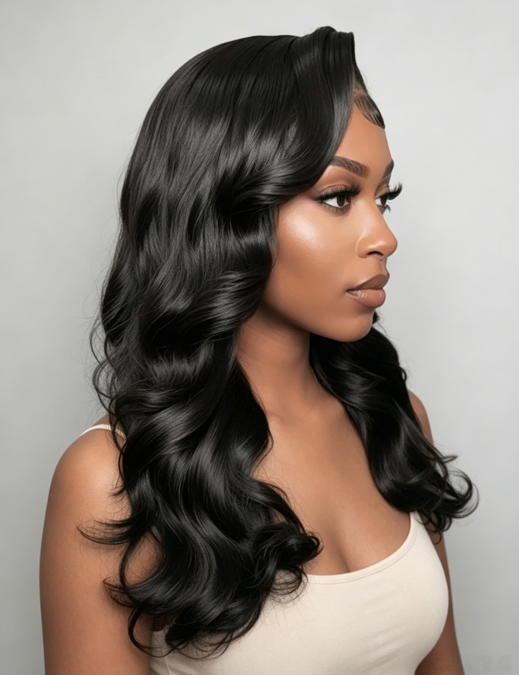 A woman with long, glossy black wavy hair wearing a light beige top, shown in profile against a plain light gray background.