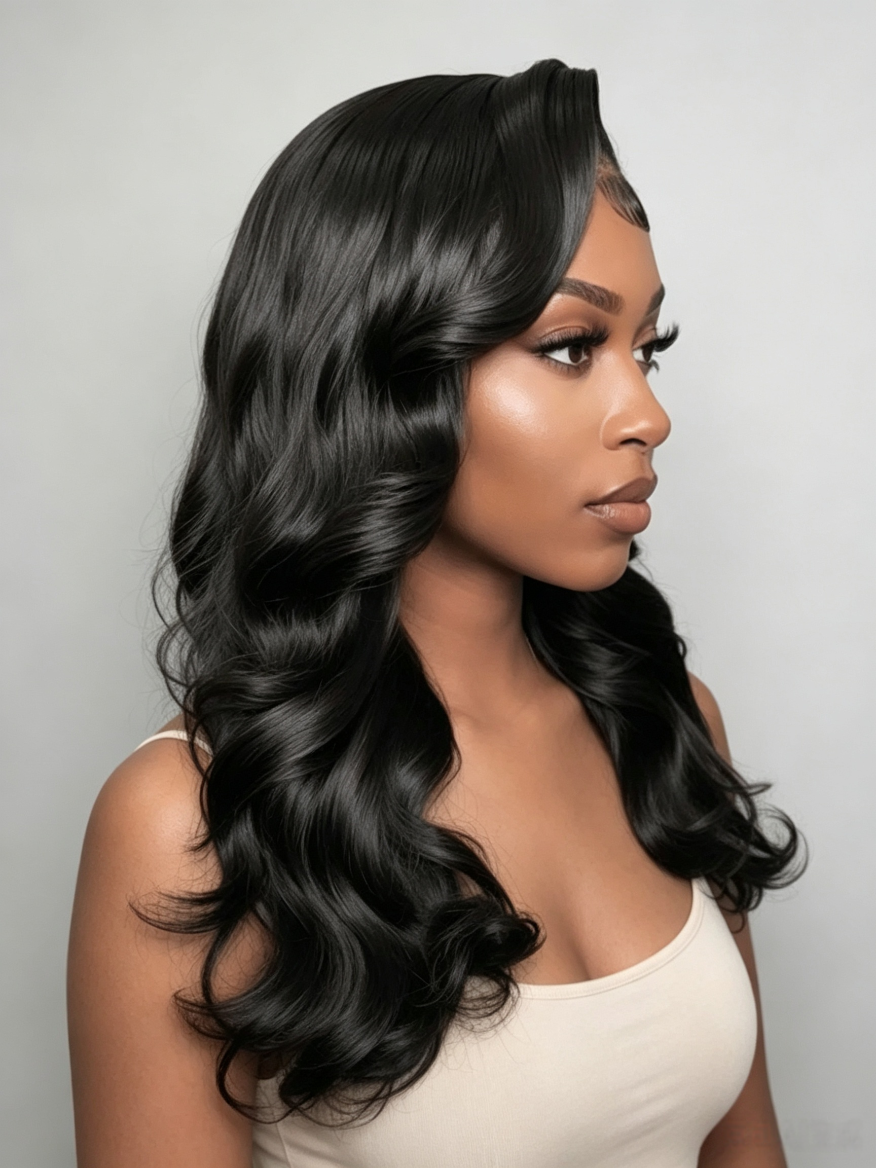 A woman with long, glossy black wavy hair wearing a light beige top, shown in profile against a plain light gray background.