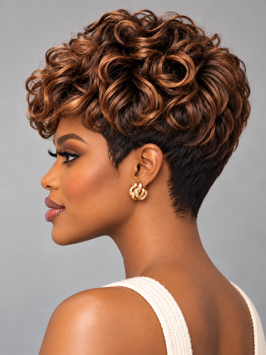 Loyalrose Pixie wig Deep Curly 8 inches Black mix brown 100% human hair with bang Glueless machine made