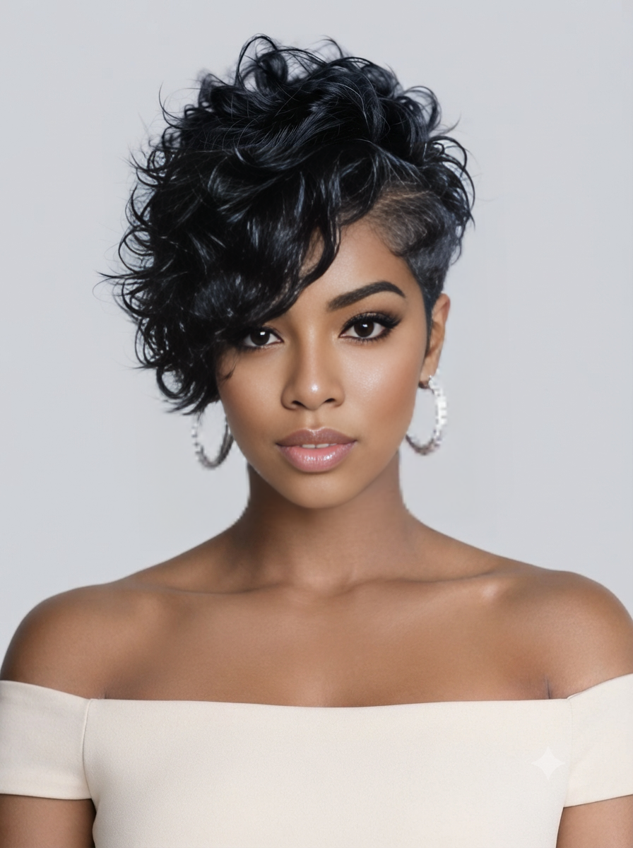 Loyalrose Black Textured Pixie with Shaved Side Wig 100% human hair Glueless lace front