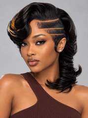 Loyalrose Bob wig frontal lace 13*6 Side part Black color with highlighted bangs without glue Side shaved line+Asymmetrical Layered style