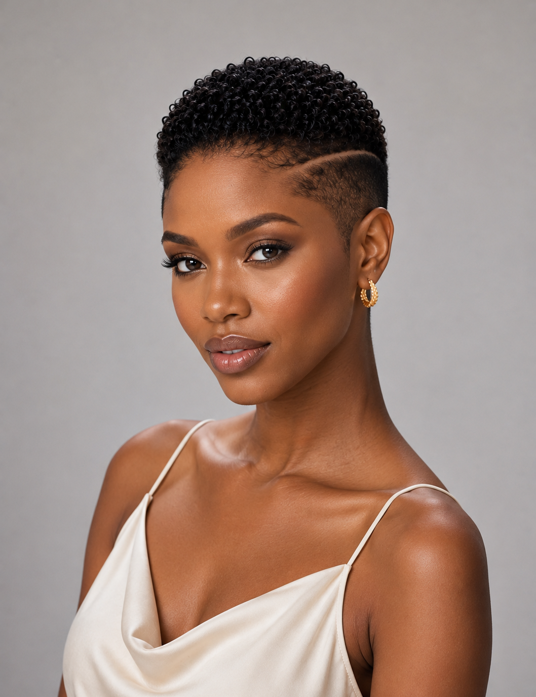 A woman with a short, textured black micro-lobed haircut and a side undercut, wearing a cream satin spaghetti-strap top and a small gold hoop earring, photographed against a neutral gray background.