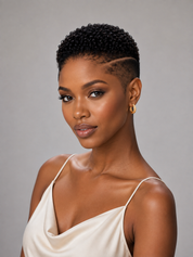 A woman with a short, textured black micro-lobed haircut and a side undercut, wearing a cream satin spaghetti-strap top and a small gold hoop earring, photographed against a neutral gray background.