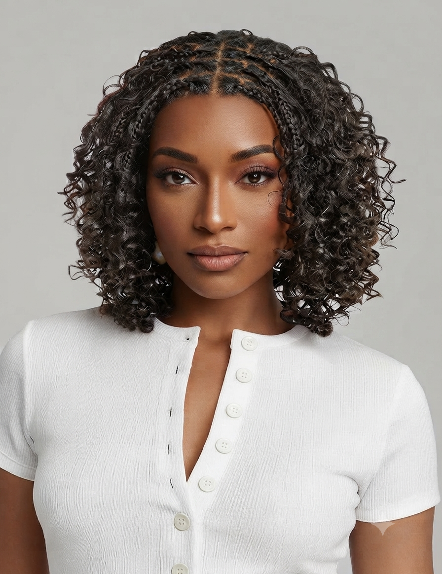 A woman with a short, curly black wig with a center part and braided details at the crown, wearing a white ribbed short-sleeve henley top against a light gray background.