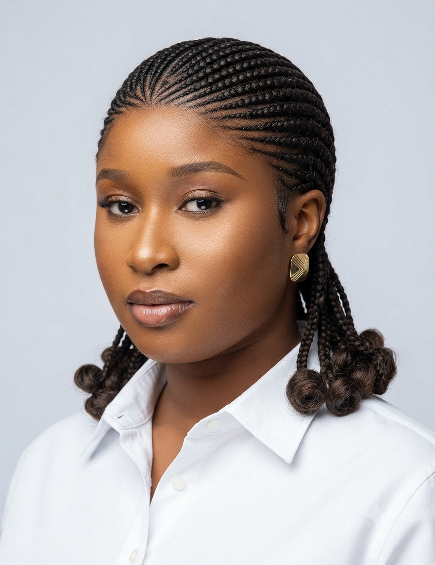 A woman with dark brown cornrow braids and small curled ends, wearing a white collared shirt and a gold geometric earring, photographed against a light gray studio background.