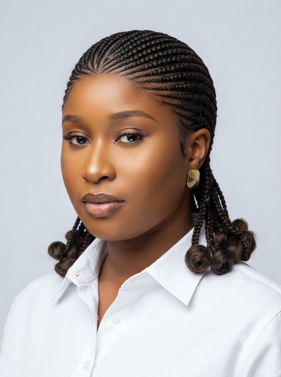 A woman with dark brown cornrow braids and small curled ends, wearing a white collared shirt and a gold geometric earring, photographed against a light gray studio background.