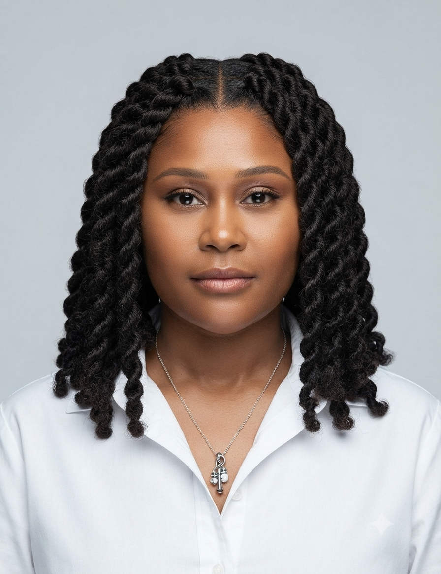 A woman with long, dark box braids or twists wearing a white collared shirt and a silver cross pendant necklace, photographed against a solid light gray background.