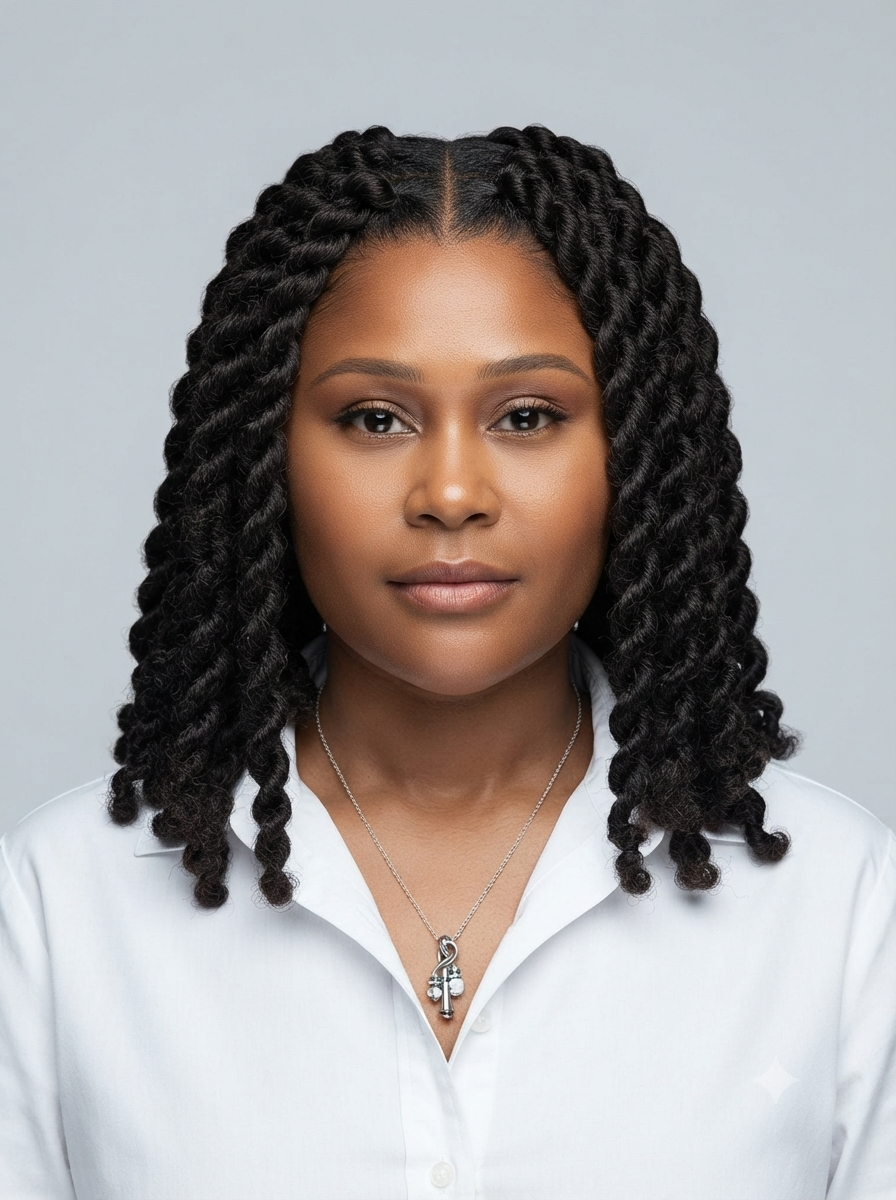 A woman with long, dark box braids or twists wearing a white collared shirt and a silver cross pendant necklace, photographed against a solid light gray background.