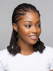 A woman with dark brown box braids and twisted ends, wearing a white t-shirt against a solid gray background.