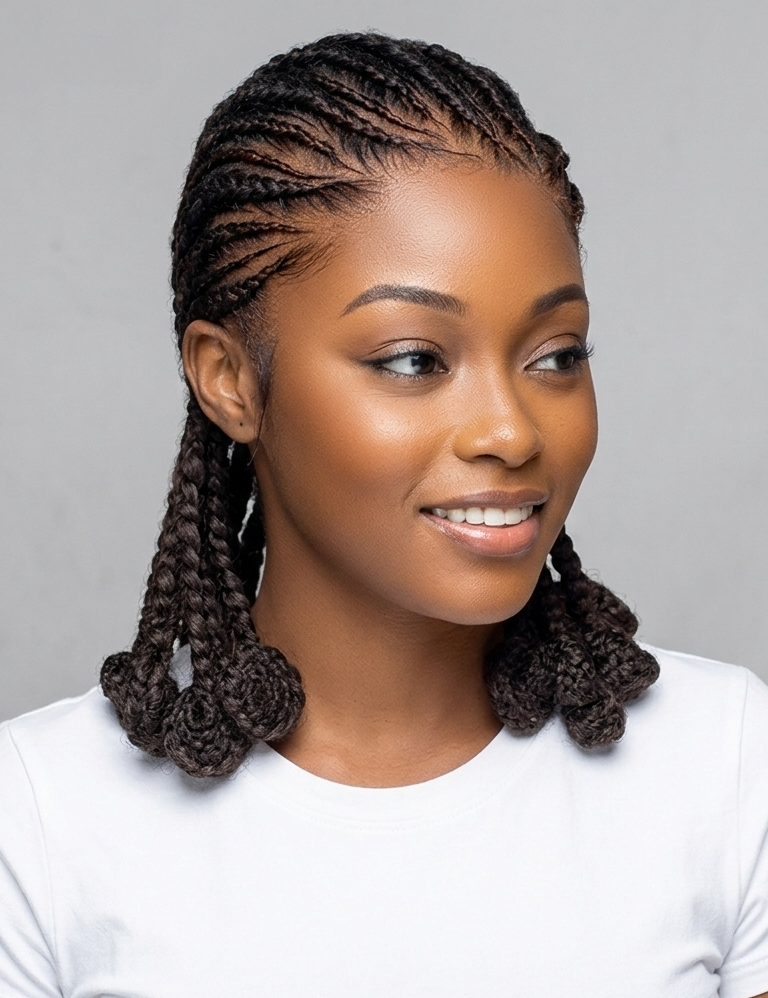 A woman with dark brown box braids and twisted ends, wearing a white t-shirt against a solid gray background.