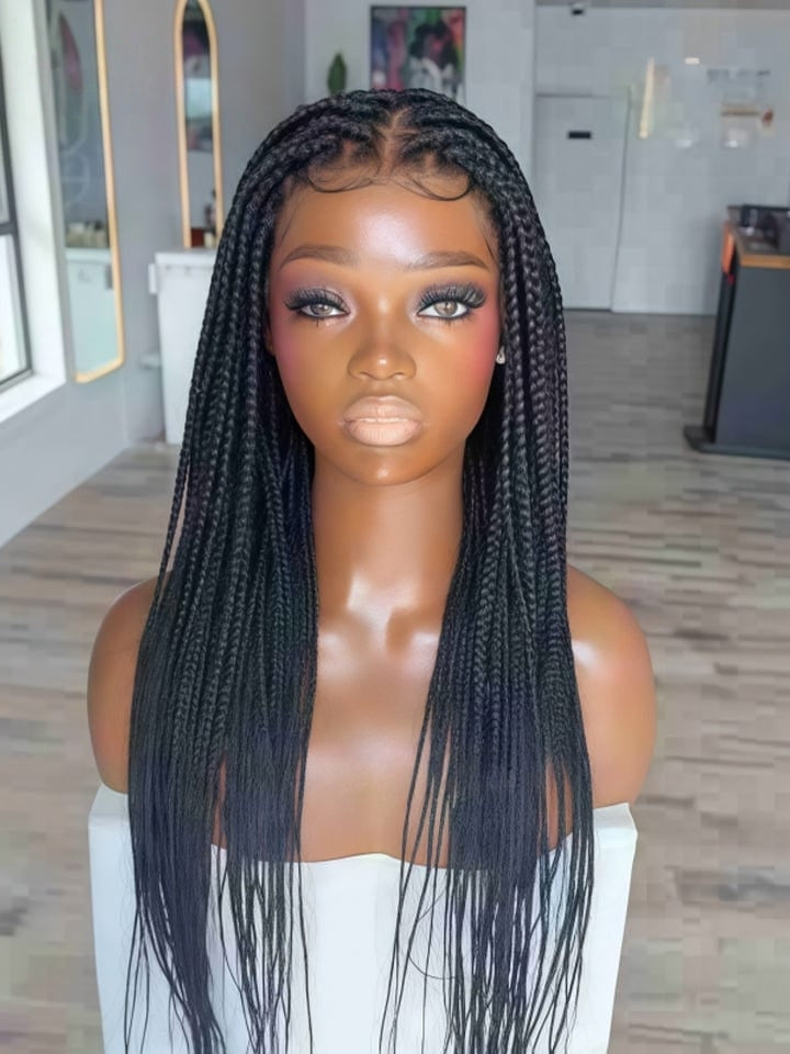 Long black box braids styled on a mannequin bust, shown in a salon-like interior with mirrors and wood-look flooring in the background.