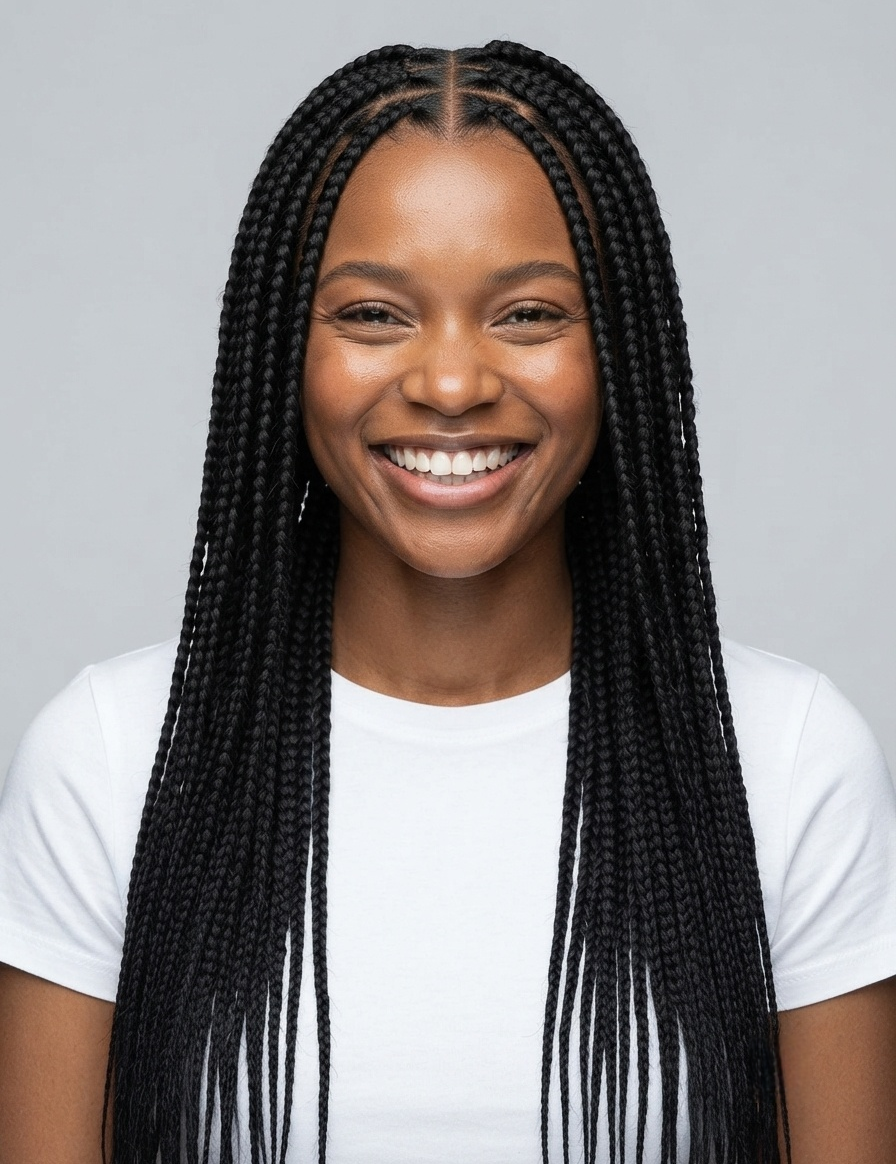 A smiling woman with long, straight black box braids wearing a white t-shirt, shown from the chest up against a solid light gray background.