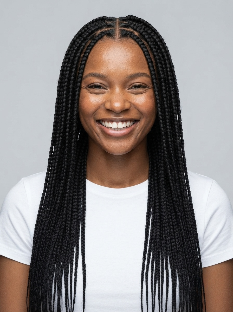 A smiling woman with long, straight black box braids wearing a white t-shirt, shown from the chest up against a solid light gray background.