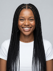 A smiling woman with long, straight black box braids wearing a white t-shirt, shown from the chest up against a solid light gray background.