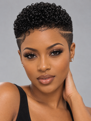 A close-up portrait of a woman with a short, tightly curled black wig, styled with a sharp side undercut, against a solid gray studio background.
