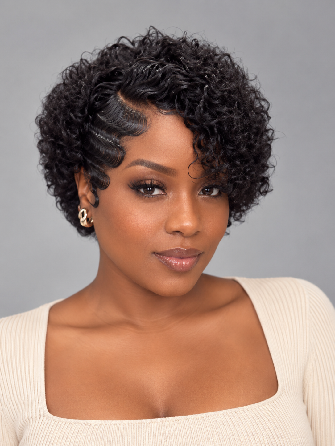 A woman with a short, curly black wig styled with a side part, wearing a cream ribbed top against a solid gray studio background.