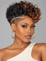 Loyalrose Pixie wig Curly wave 6 inches Black mix brown 100% human hair Glueless with Full lace TWA with Fade and Hard Part style 42