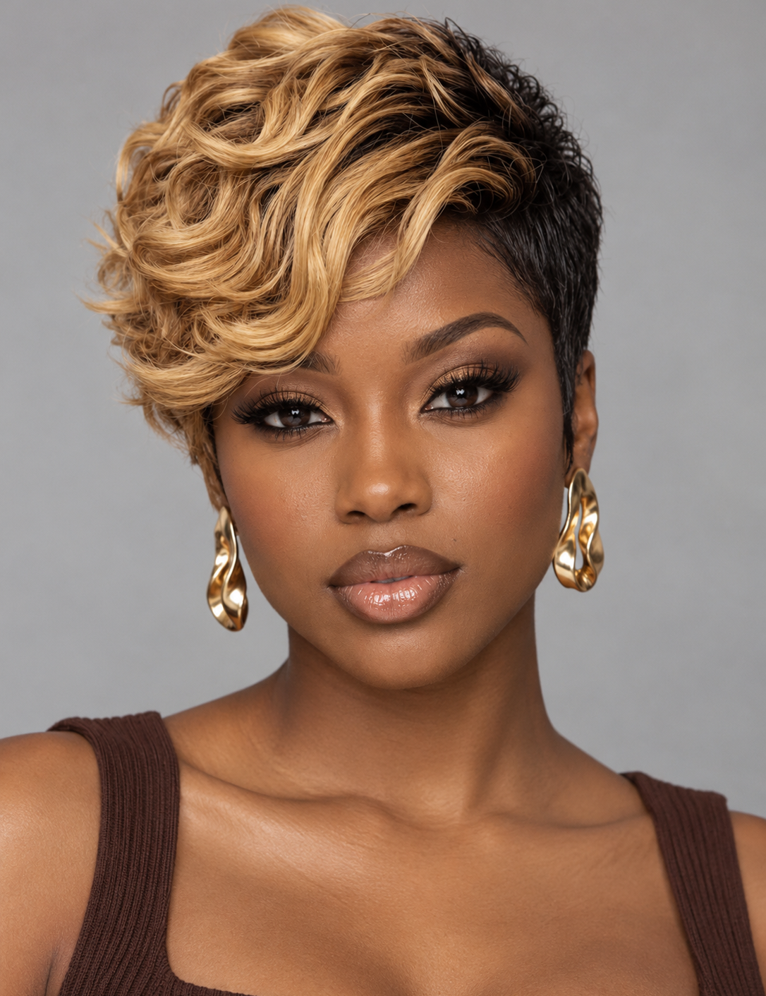 Front_View_Black_Mix_Brown_Highlight_Loose_Curly_Pixie_Wig_Side_Part.png