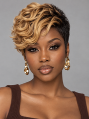 Loyalrose Pixie Loose Curly wig Black mix brown high light color glueless Side part Frontal 13x4 lace 100% Human Hair style 3
