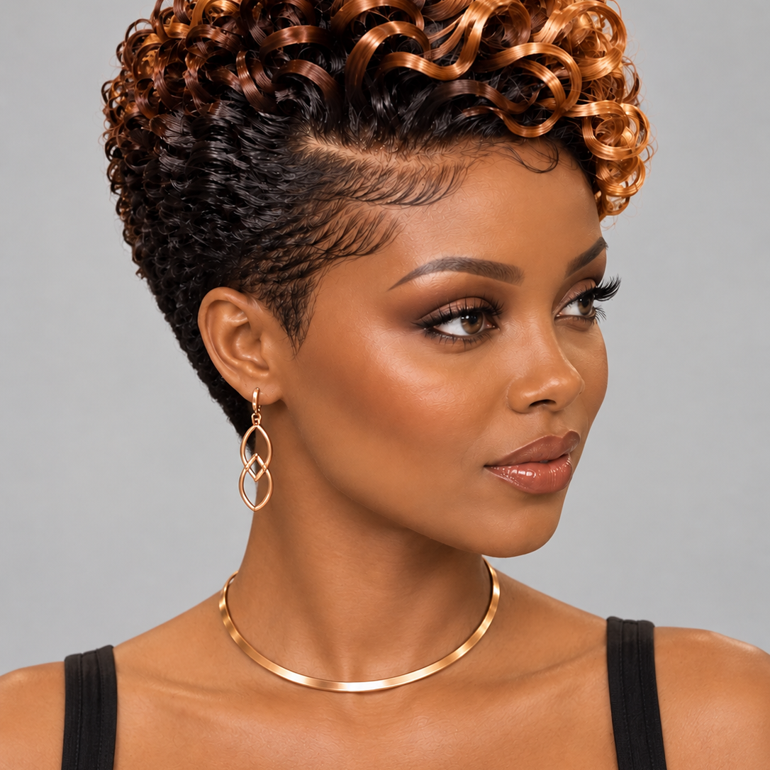 A woman with a short, voluminous curly wig in dark brown and copper-blonde tones, styled with a side part, against a solid gray background.