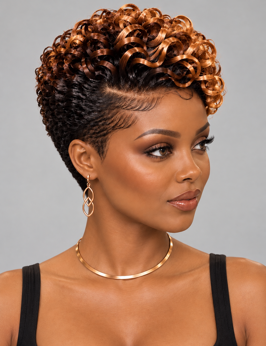 A woman with a short, voluminous curly wig in dark brown and copper-blonde tones, styled with a side part, against a solid gray background.