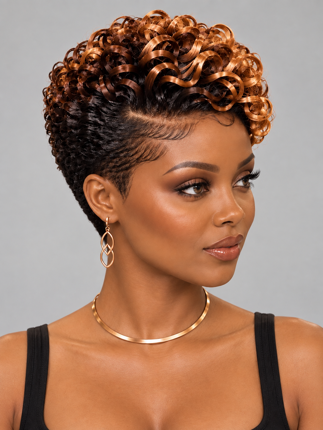 A woman with a short, voluminous curly wig in dark brown and copper-blonde tones, styled with a side part, against a solid gray background.