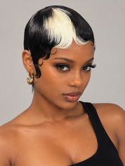 Loyalrose Short Finger wave Pixie Wig Black mix blond color 100% human hair Machine Made Skunk Stripe  Sleek Pixie Cut