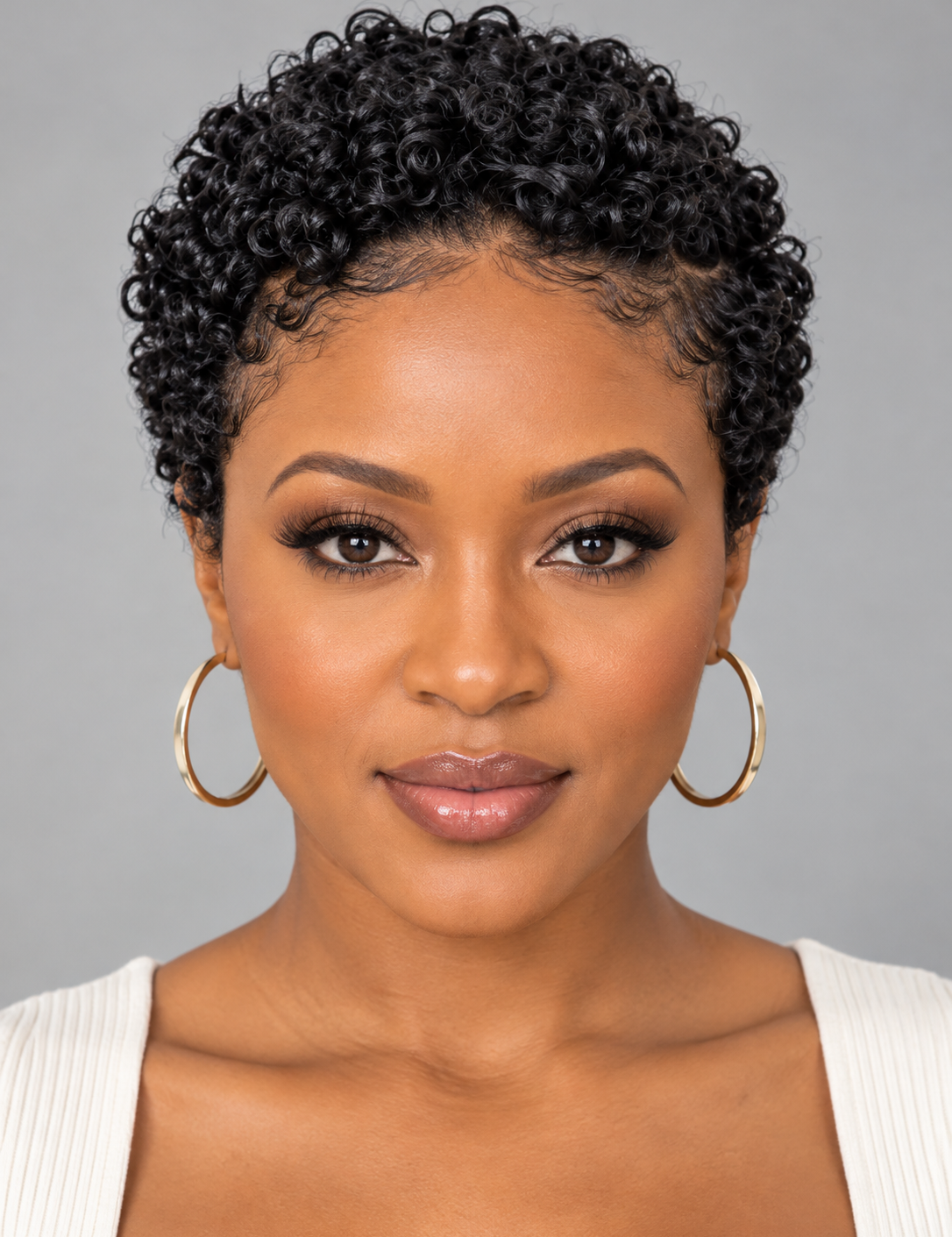 A close-up portrait of a woman with short, tightly curled black hair, wearing large gold hoop earrings and a white ribbed top against a plain gray background.