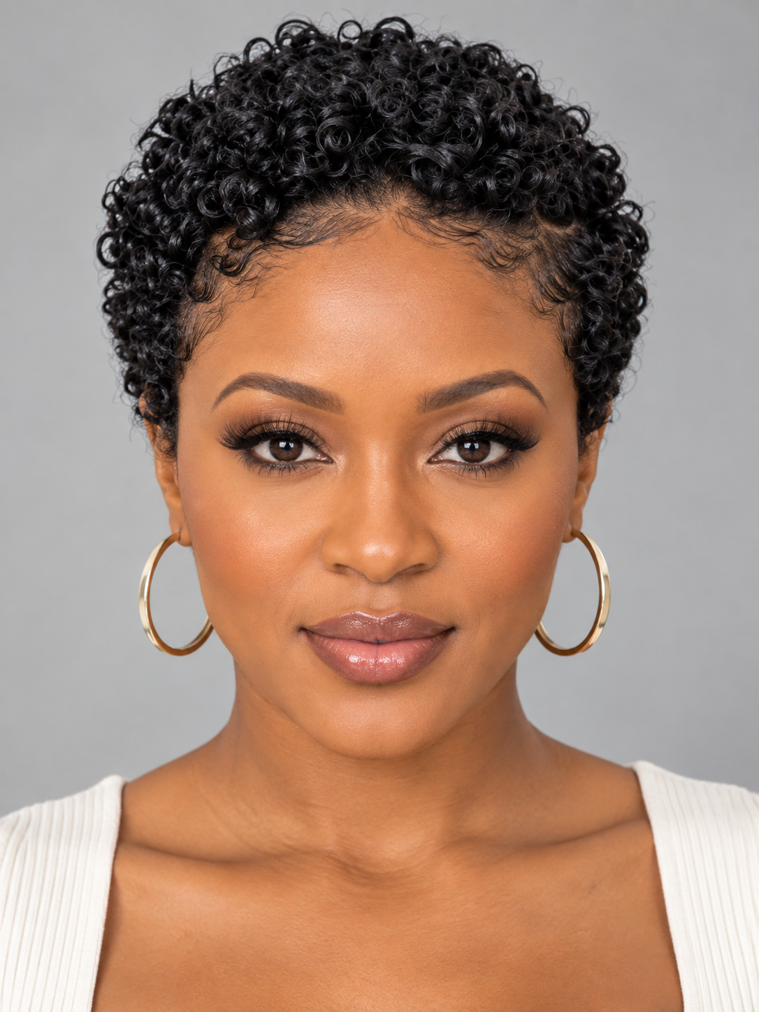 A close-up portrait of a woman with short, tightly curled black hair, wearing large gold hoop earrings and a white ribbed top against a plain gray background.