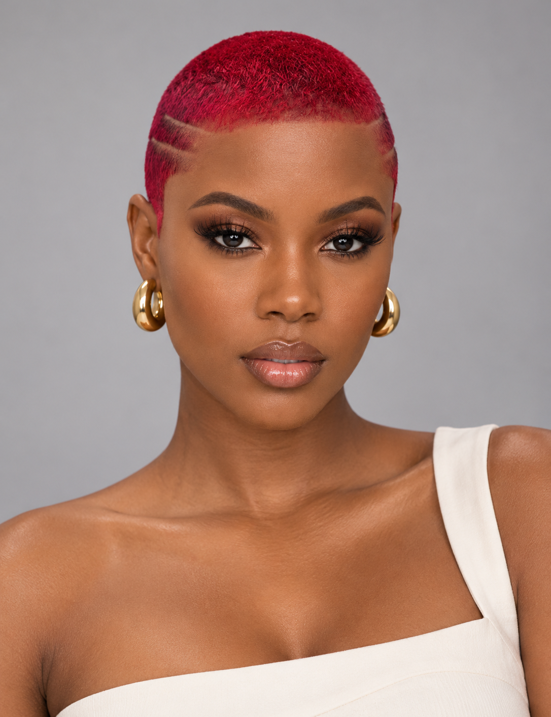 A close-up portrait of a model with a vibrant, short magenta-pink undercut hairstyle and gold hoop earrings, wearing a white one-shoulder top against a solid gray background.