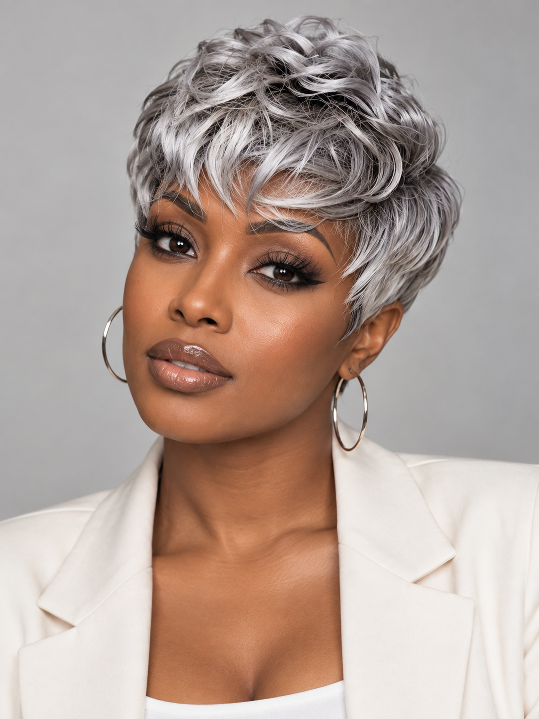 Loyalrose Pixie wig short cut Straight Salt & pepper machine made Glueless 100% Human Hair style 3