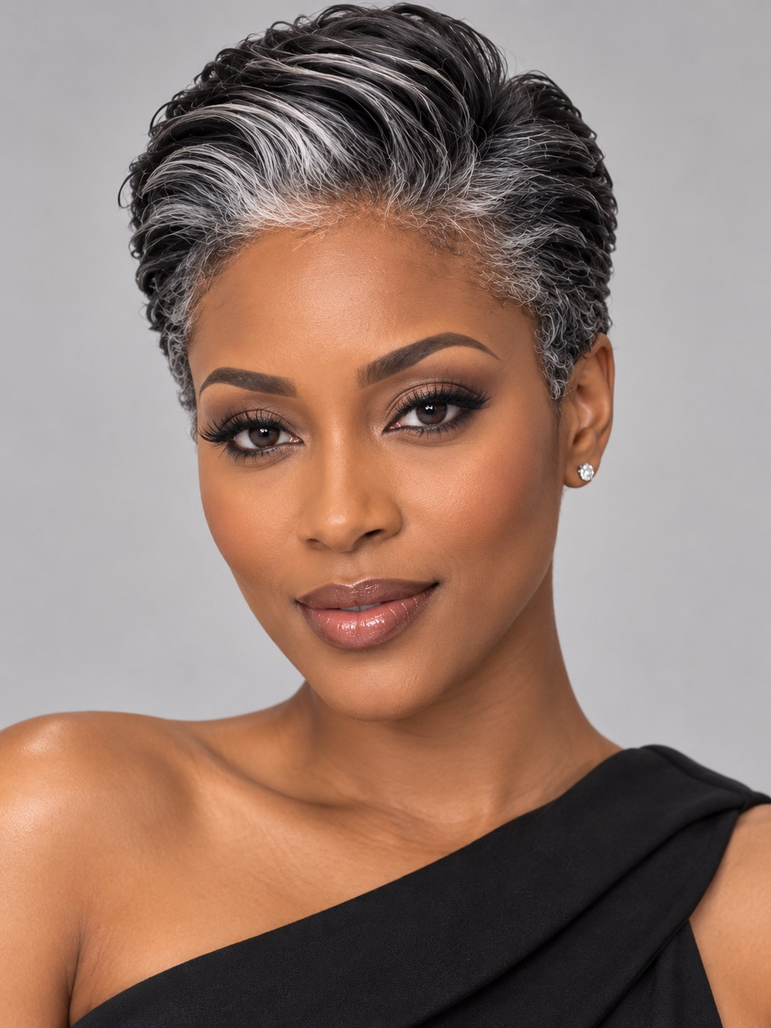 Loyalrose Salt & Pepper Pixie Short Cut Wig free part Lace closure 7*5 100% Human Hair Glueless Slicked Back style