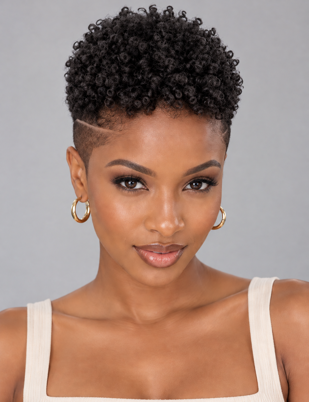 A close-up portrait of a woman with a short, curly black afro hairstyle and a clean side shave, wearing gold hoop earrings and a cream ribbed tank top against a solid gray background.