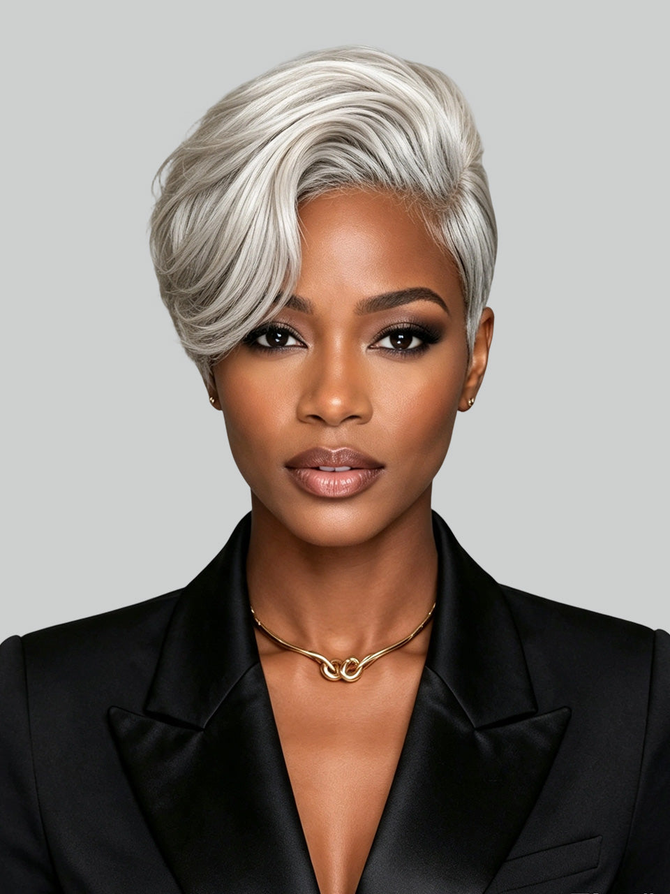 Loyalrose Salt & Pepper Elegant Pixie Short Cut Wig side part Lace Front 100% Human Hair Glueless style 2