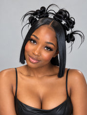Loyalrose Pre-styled wig Straight Center part Full lace Black color without glue with Sleek low ponytail and Braided buns
