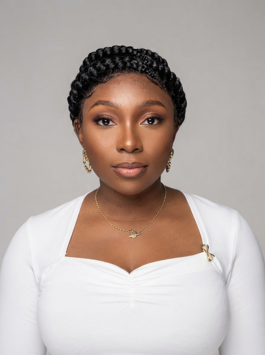 A woman with short, tight black braids wearing a white top, gold necklace, and gold earrings, photographed against a plain light gray studio background.